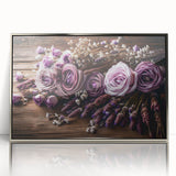 Framed wall art featuring a botanical lavender design, elegantly displayed with a silver-acrylic frame. Perfect for enhancing home decor with a touch of nature.