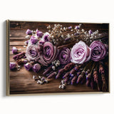 Framed wall art featuring a botanical lavender design, showcasing vibrant purple flowers against a sleek gold frame, ideal for home decor and enhancing aesthetics.