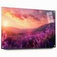 Acrylic glass wall art featuring a botanical lavender design with vibrant purple blooms and green leaves, elegantly displayed from a side angle with mounting pins.