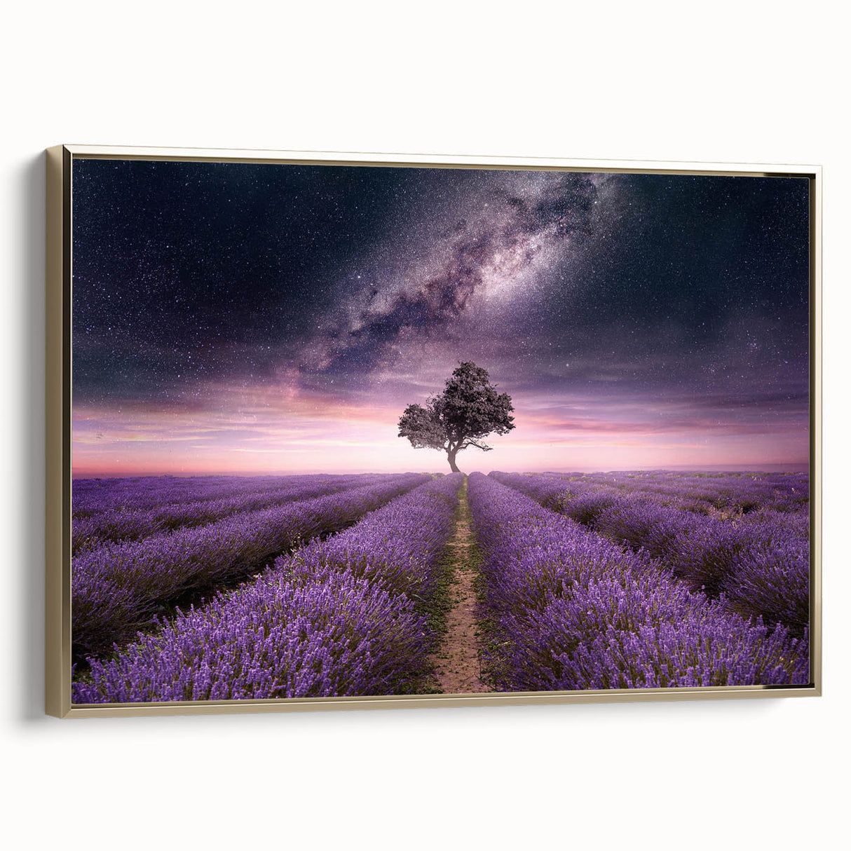 Framed botanical wall art featuring a lavender design, showcasing vibrant purple flowers against a gold frame, perfect for adding elegance to home decor.