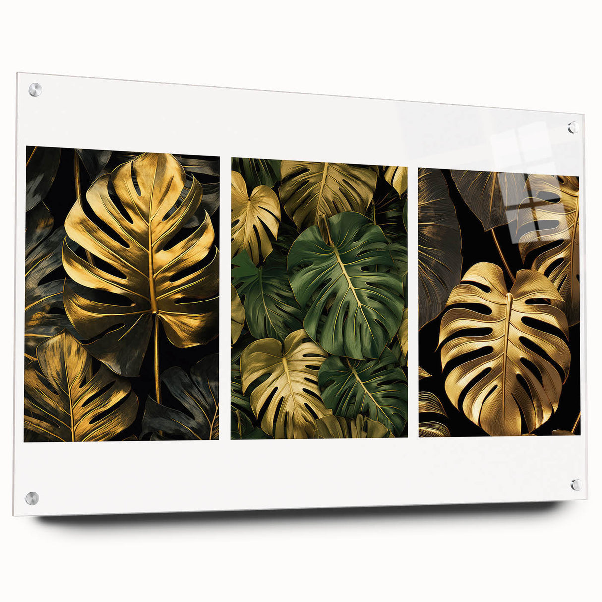 Acrylic wall art display showcasing a botanical leaves design, featuring vibrant green foliage on a transparent background, elegantly mounted with pins.