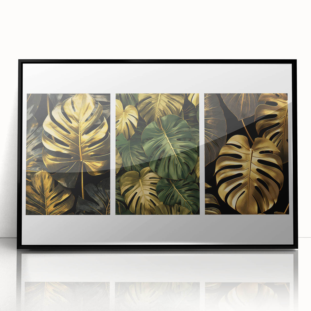 Framed wall art featuring a botanical leaves design in vibrant greens and soft browns, set against a sleek black frame, perfect for modern decor.