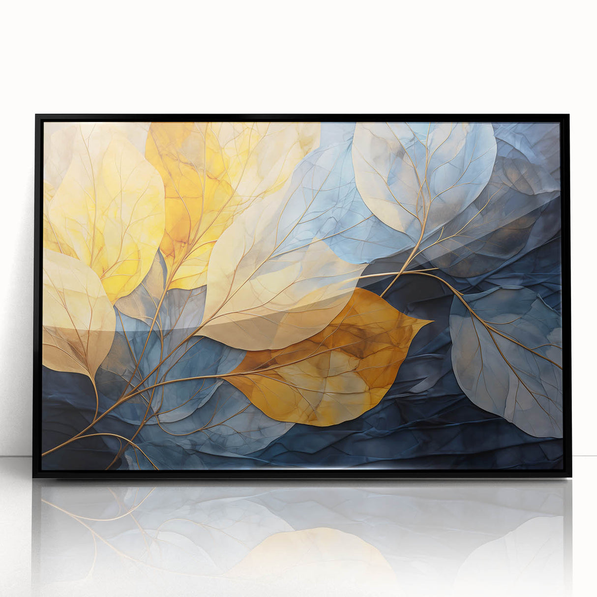 Framed wall art featuring a botanical design with colorful flowers and green leaves, displayed in a sleek black frame, perfect for home decor enhancement.