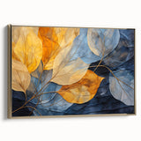 Framed botanical wall art featuring vibrant flowers and intricate leaves design, set against a gold background, showcasing a stylish side view for elegant decor.