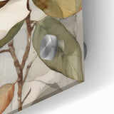 Close-up of a vibrant botanical wall art piece featuring colorful flowers and leaves on acrylic glass, perfect for home decor and nature enthusiasts.
