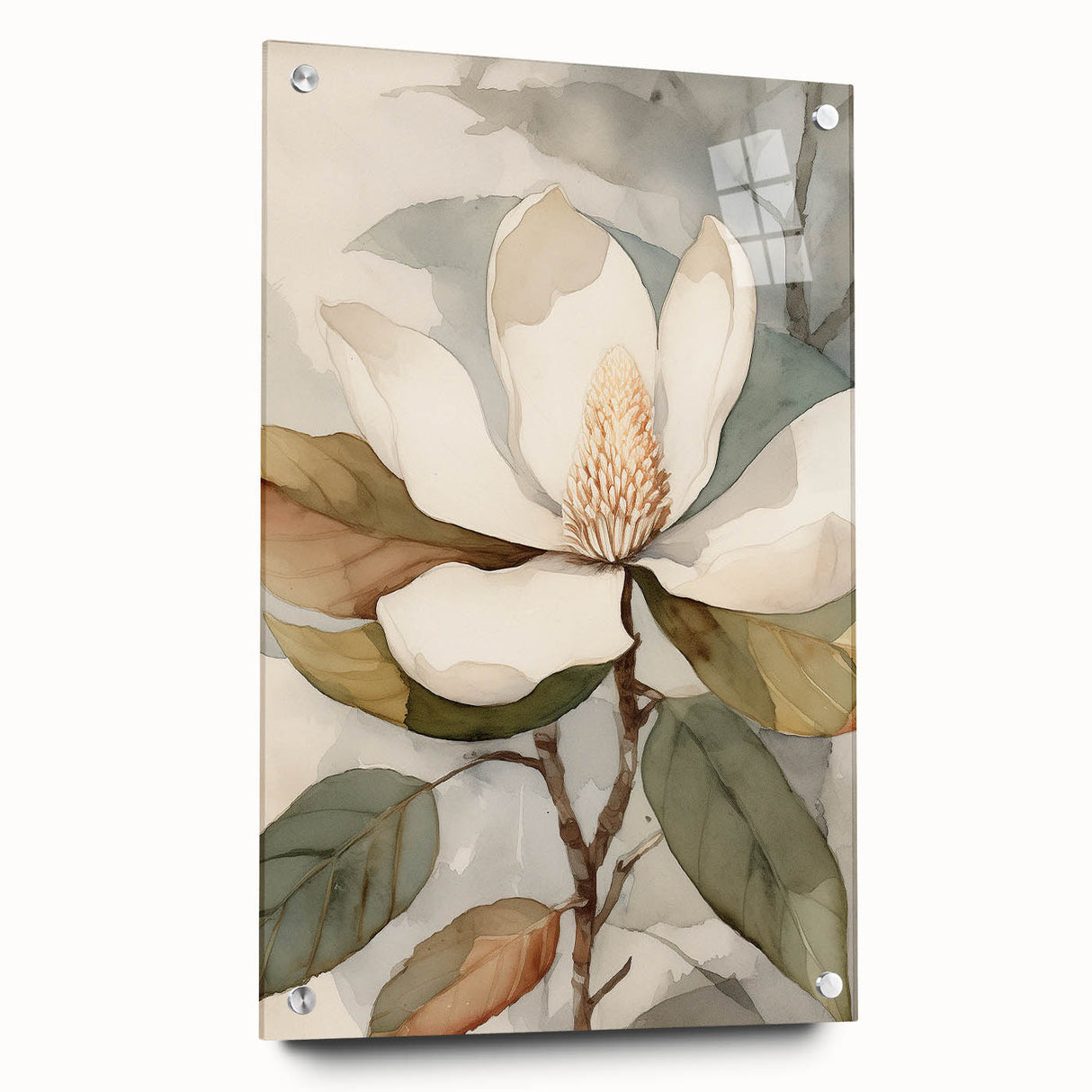 Botanical wall art collection featuring vibrant, textured acrylic glass design of colorful flowers and leaves, displayed in a modern side view with decorative pins.
