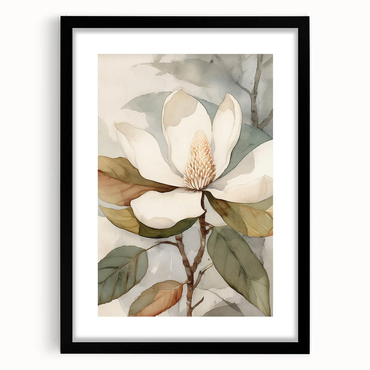 Framed botanical wall art collection showcasing vibrant flowers and leaves in a sleek black frame with a mat, designed to enhance home decor aesthetics. Perfect for nature enthusiasts seeking elegant wall decorations.