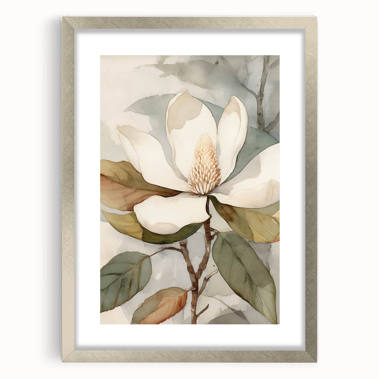 Botanical wall art collection showcasing floral and leaf designs in a sleek silver frame with matting, ideal for enhancing home decor with nature-inspired elegance.