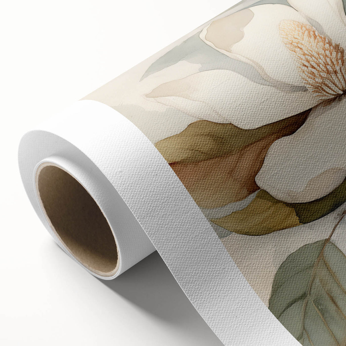 Botanical wall art canvas showcasing intricate floral and leaf designs in vibrant colors, perfect for home décor or nature-inspired interiors, rolled for easy display.