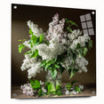 Acrylic glass wall art featuring a vibrant lilac floral design, showcasing intricate botanical details and mounted with stylish pins for a modern aesthetic. Perfect for adding a touch of elegance to any room decor.