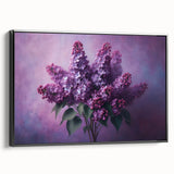 Framed canvas wall art featuring a botanical design of lilacs in vibrant purple and green hues, showcased from a black side view to highlight its elegant profile. This piece adds a touch of nature-inspired decor to any room, enhancing the interior aesthetic.