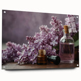 Acrylic glass wall art showcasing a botanical design of lilacs, displayed from a side view with visible pins for mounting, perfect for floral-themed decor.