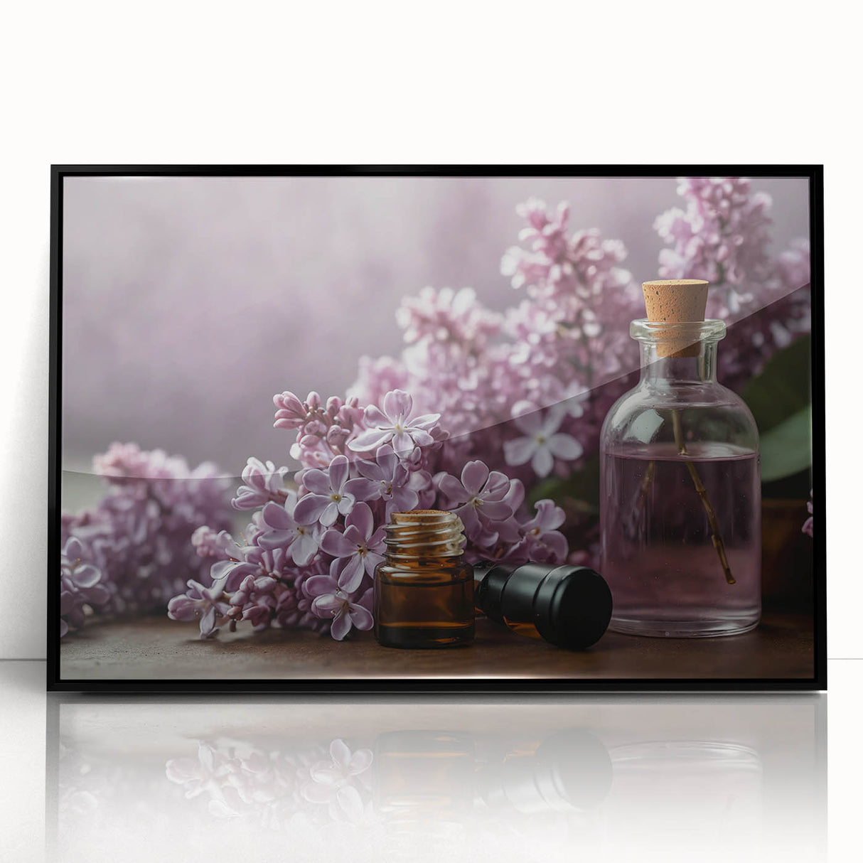 Framed wall art showcasing a botanical design of lilacs in vibrant purple and green hues, featuring a sleek black frame, perfect for home decor.