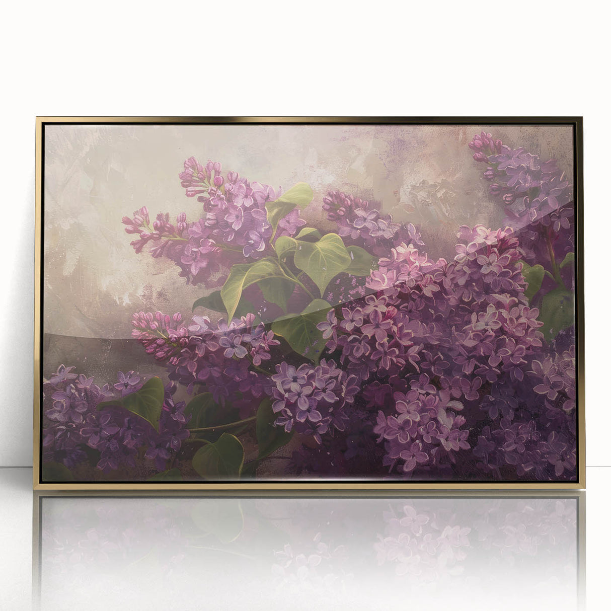 Framed wall art featuring a botanical design of lilacs in vibrant purple and green hues, elegantly set in a gold frame, perfect for home decor enhancement.