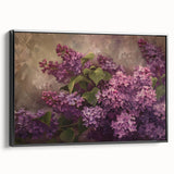 Framed canvas wall art showcasing a botanical design of vibrant lilacs, featuring a sleek black frame and side view perspective, perfect for home decor.