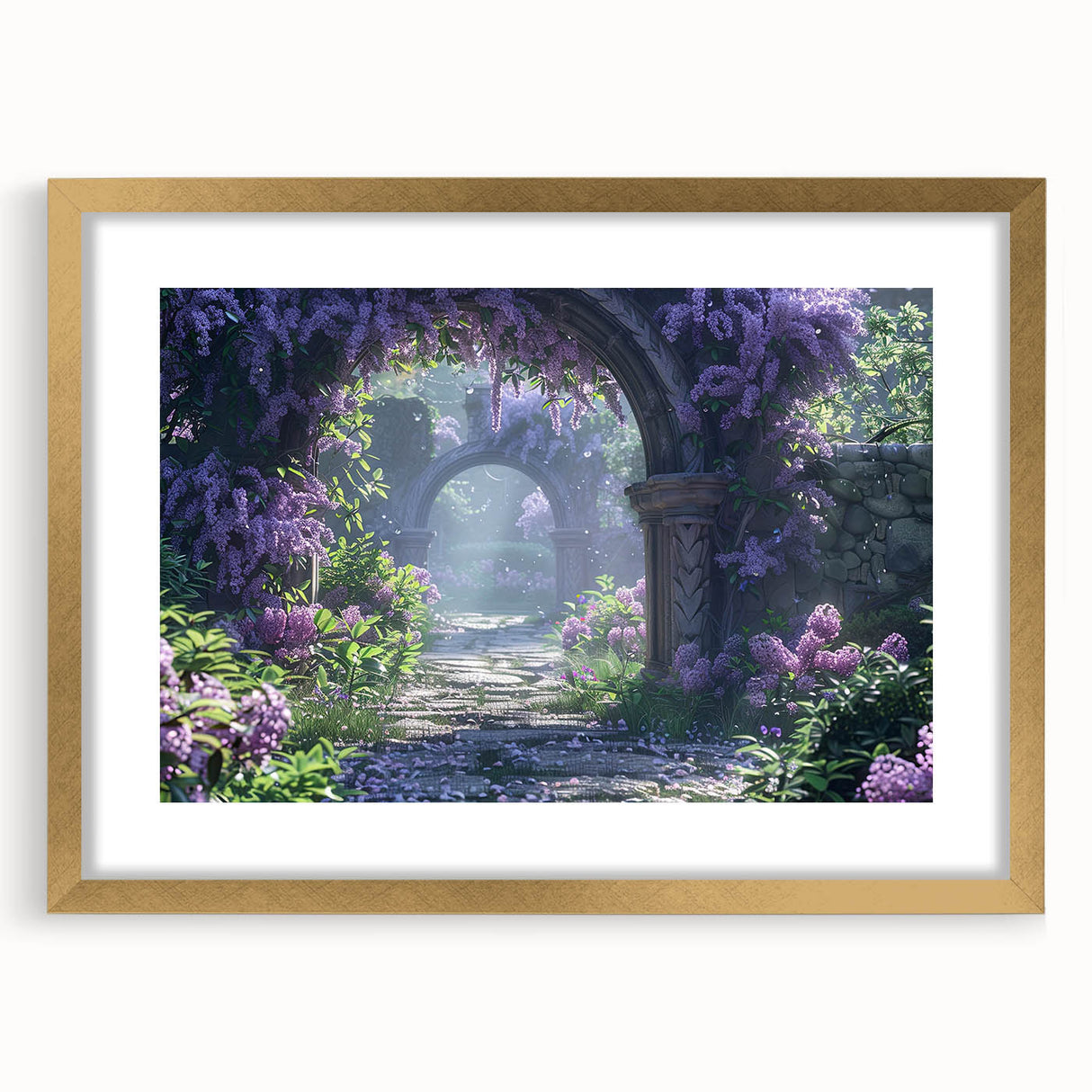 Elegant wall art featuring a botanical lilac design in a gold frame, complete with a mat, showcasing vibrant purple flowers against a soft background. Perfect for home décor.