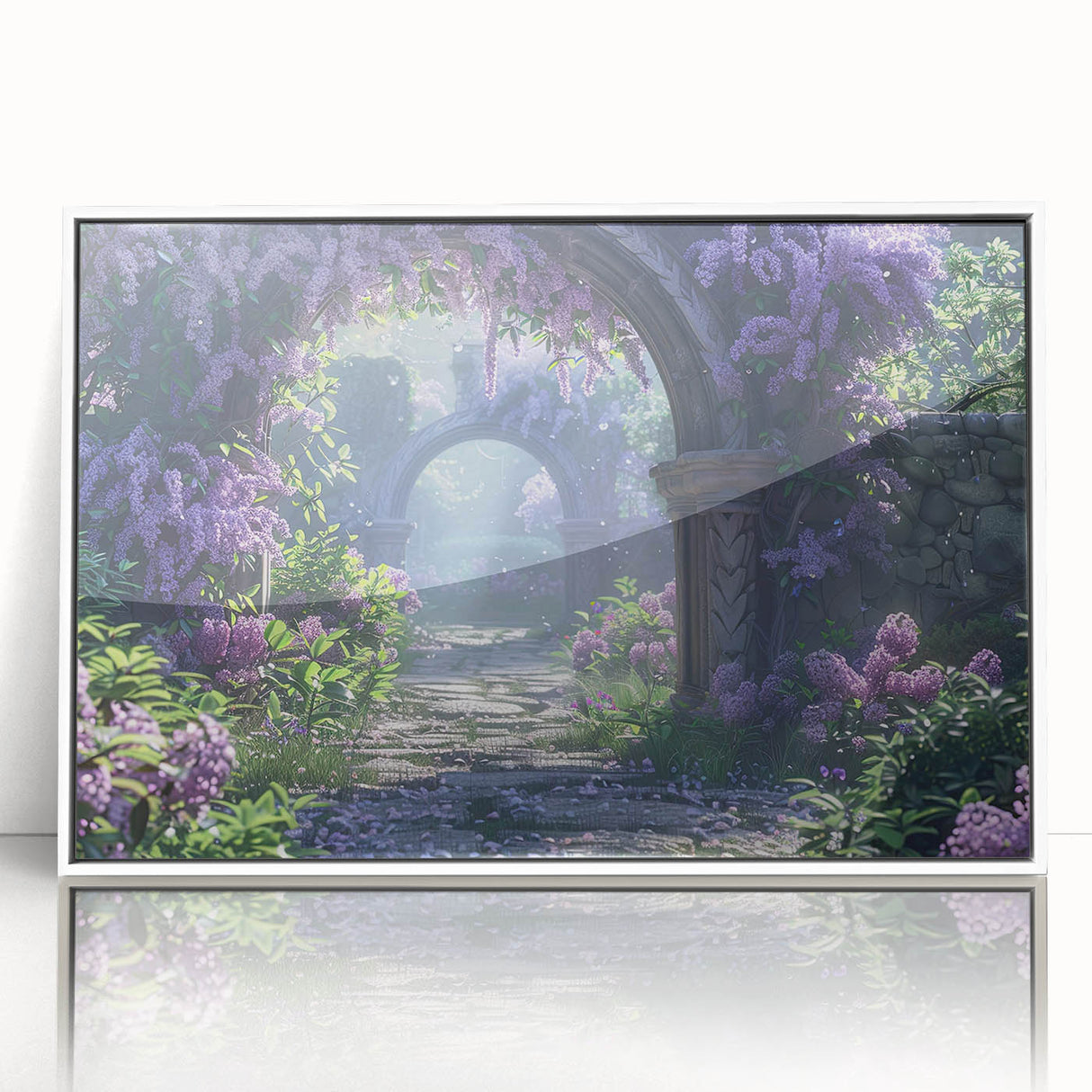 Framed acrylic wall art featuring a botanical lilac design, showcasing vibrant purple flowers with green leaves, perfect for home decor accents.