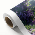 Vibrant rolled canvas artwork showcasing a botanical design of lilacs in various shades of purple and green, perfect for home decor and floral enthusiasts.
