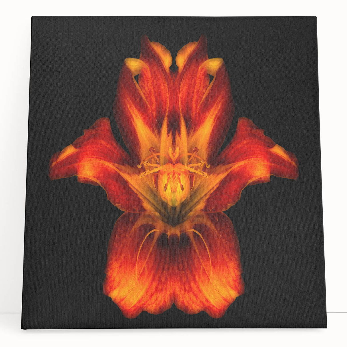Stretched canvas wall art showcasing a vibrant botanical lily design in rich colors, perfect for home decor. Ideal for floral enthusiasts seeking unique accents.