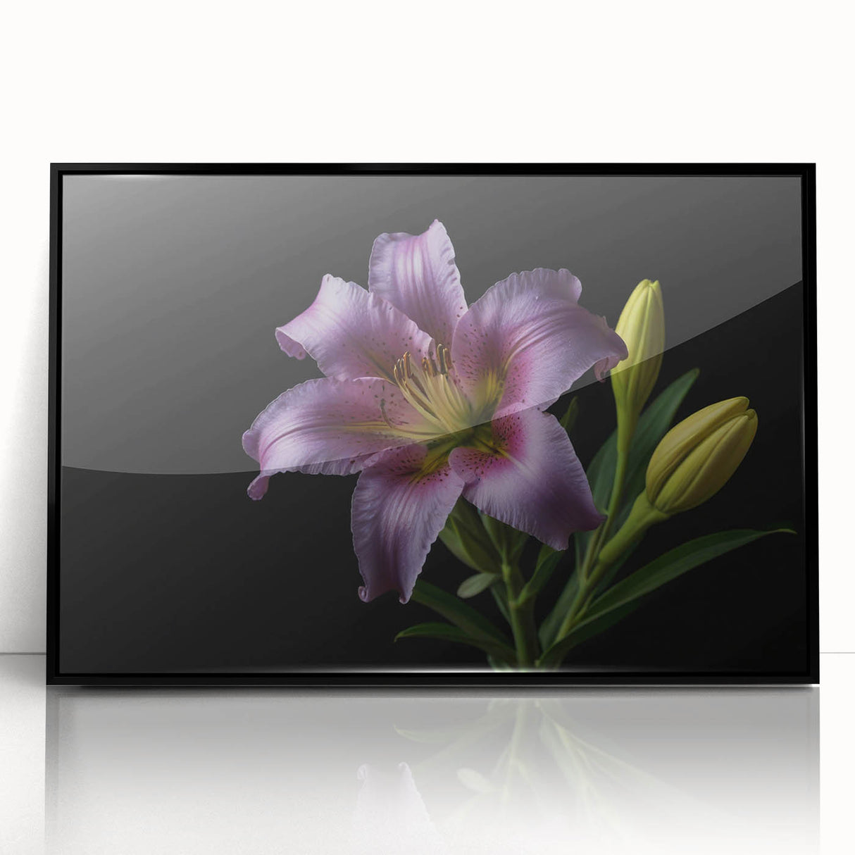 Framed wall art showcasing a vibrant botanical lily design in black acrylic, highlighting intricate floral details and modern decor suitability for elegant interiors.