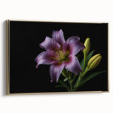 Framed canvas wall art showcasing a botanical lily design with gold accents, perfect for enhancing modern decor. Side view highlights its elegant structure.