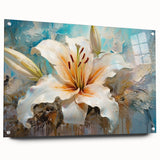 Acrylic glass wall art collection showcasing a botanical lily design, displayed in a modern setting with decorative pins. Ideal for floral decor enthusiasts.