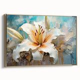 Framed canvas wall art featuring a botanical lily design with vibrant colors and a gold frame, showcasing elegant floral details and texture, perfect for home decor.