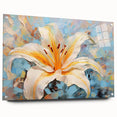 Acrylic glass wall art showcasing a botanical lily design, elegantly displayed from the side with pins, perfect for home decor and enhancing interior aesthetics. The artwork features vibrant colors and intricate details, making it a stunning focal point for any space.