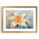 Elegant botanical wall art featuring a gold-framed lily design with a mat, perfect for home decor. Ideal for nature lovers and interior styling.
