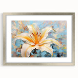 Elegant silver-framed botanical wall art featuring a detailed lily design, showcasing vibrant colors and intricate patterns, perfect for home decor enhancement.