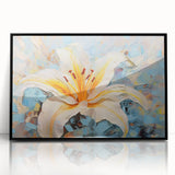 Framed botanical wall art featuring a striking black lily design, elegantly displayed with a sleek acrylic finish, ideal for modern home decor aesthetics.
