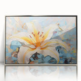 Framed wall art featuring a botanical lily design in vibrant colors, presented in a sleek silver frame with an acrylic front, ideal for home decor enhancement.