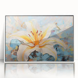 Framed botanical wall art featuring a delicate lily design in soft pastel colors, displayed against a clean white background, ideal for elegant home decor.