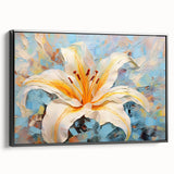 Framed wall art showcasing a botanical lily design on canvas, featuring a black frame and a sleek side view, perfect for enhancing modern home decor.
