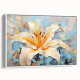 Framed wall art featuring a botanical lily design on a white canvas, showcasing vibrant colors and intricate floral details, perfect for home decor enhancement.