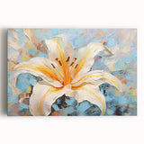 Stretched canvas wall art showcasing a vibrant botanical lily design, featuring rich green leaves and delicate white flowers, perfect for modern home decor.