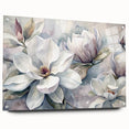 Elegant botanical magnolia wall art design displayed in a sleek acrylic frame, featuring soft pastel colors and pin mounts, perfect for enhancing home decor.