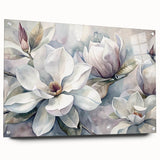 Elegant botanical magnolia wall art design displayed in a sleek acrylic frame, featuring soft pastel colors and pin mounts, perfect for enhancing home decor.