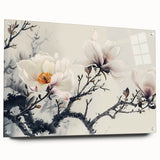 Acrylic glass wall art featuring a botanical design of magnolia flowers, displayed in a side view with decorative pins, perfect for enhancing home decor.