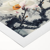 Magnolia flower botanical design printed on rolled canvas, showcasing vibrant colors and intricate details, perfect for home decor or art collection.