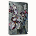 Acrylic glass wall art showcasing a botanical magnolia design, elegantly displayed from the side with metal pins, perfect for modern home decor.