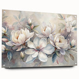 Side view of an acrylic glass wall art piece featuring a botanical magnolia design, displayed with decorative pins, showcasing vibrant colors and intricate details.