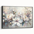 Framed wall art featuring a botanical magnolia design on canvas, showcasing intricate floral details with a sleek black frame, perfect for home decor enhancement.