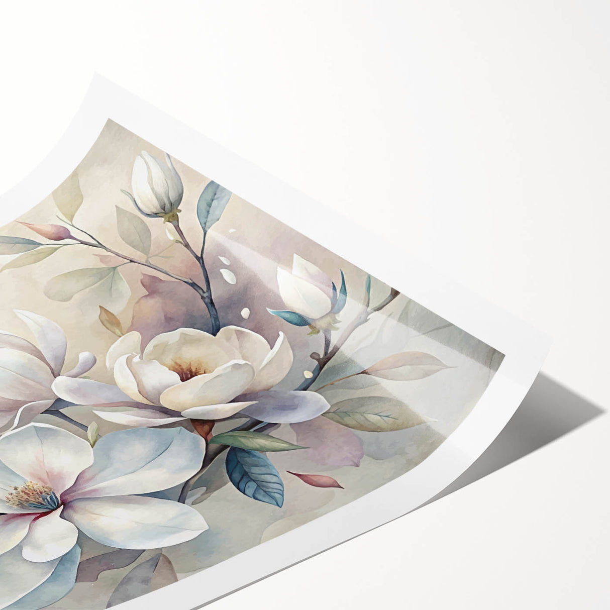 Botanical wall art featuring a delicate magnolia design in soft pink and white hues, rolled and ready for display, ideal for enhancing home decor aesthetics.