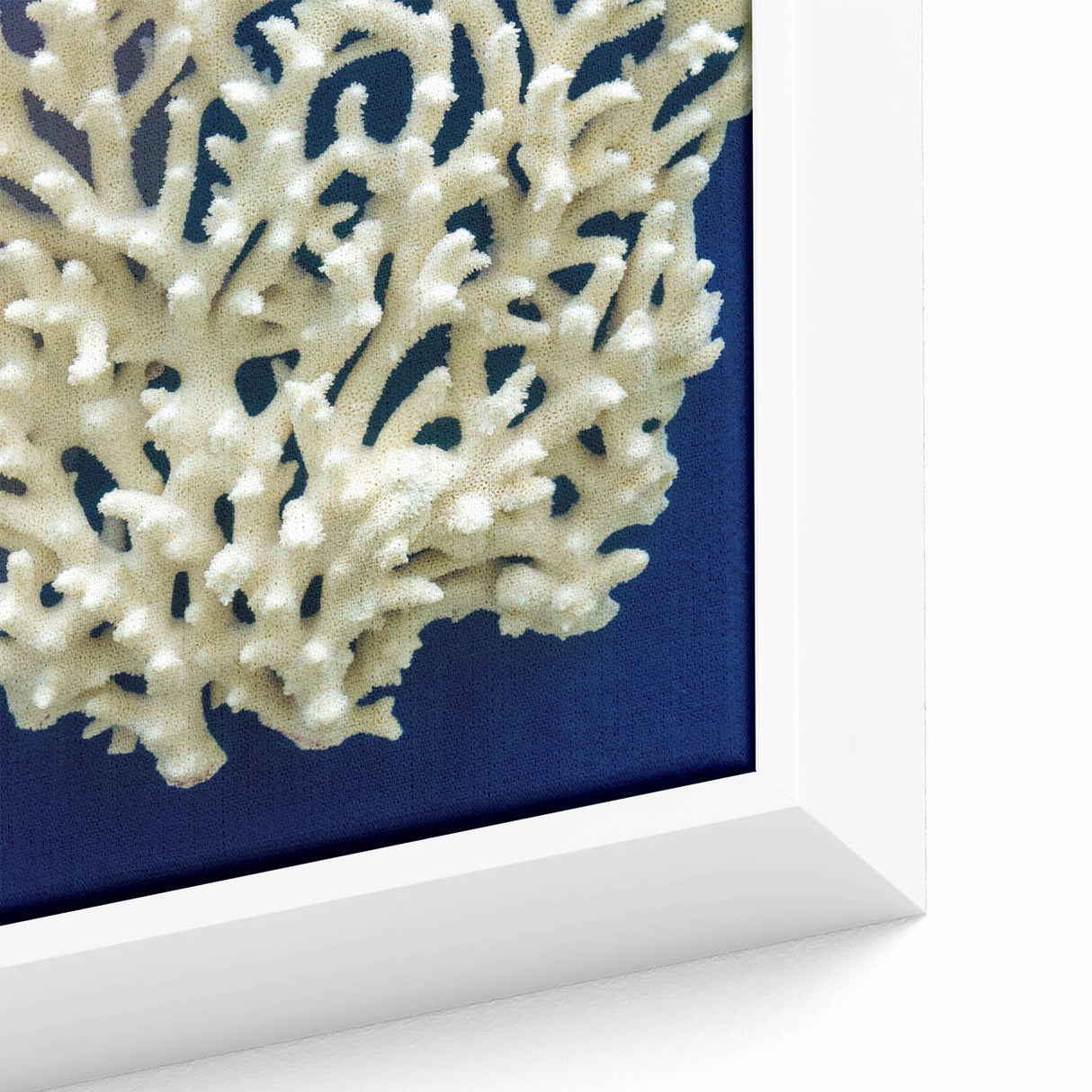 Close-up of a framed canvas wall art featuring a vibrant botanical design of marine plants in shades of blue and green, showcasing intricate details and textures. Ideal for enhancing coastal home decor or nature-themed interiors.