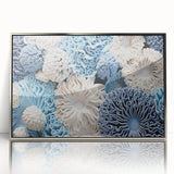 Framed wall art showcasing a botanical design of marine plants in vibrant colors, featuring a sleek silver frame that enhances its modern aesthetic. Perfect for nature-themed decor.