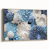 Framed wall art featuring a botanical marine plants design with vibrant colors and gold accents, showcasing a side view of the canvas collection for decorative appeal.
