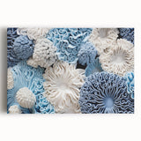 Botanical wall art design featuring a vibrant arrangement of marine plants in shades of blue and green, printed on stretched canvas, ideal for home décor.