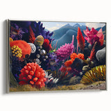 Framed canvas wall art featuring a botanical marine plants design, showcasing vibrant flowers and intricate details in a silver frame, perfect for home decor.