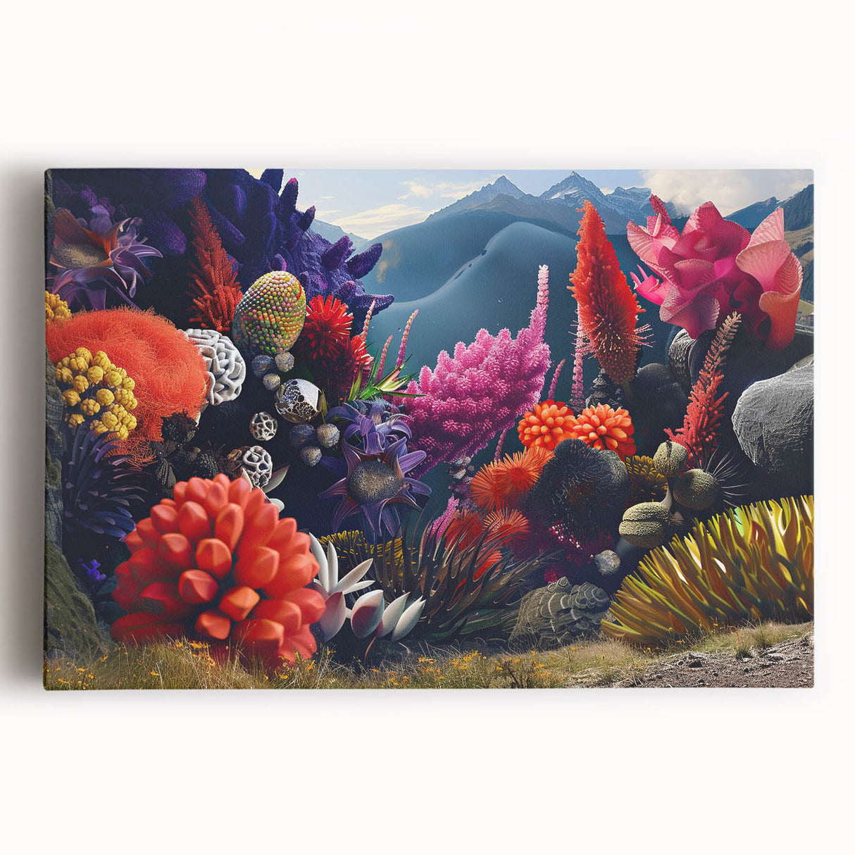 Stretched canvas wall art showcasing a vibrant botanical marine plants design, featuring intricate details of flora in shades of blue and green, perfect for coastal décor.